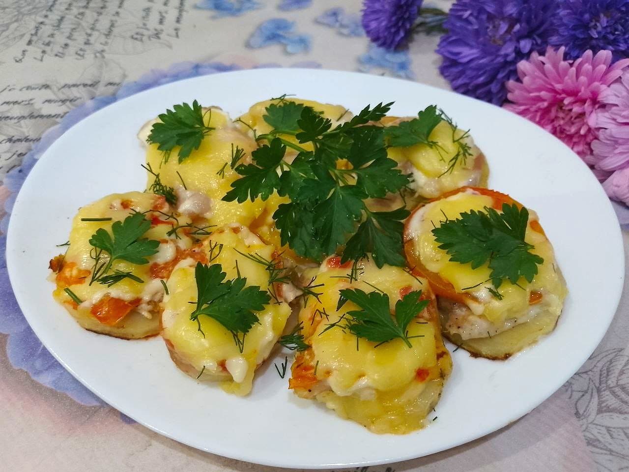 Картофель с мясом, помидорами и сыром запеченный в духовке