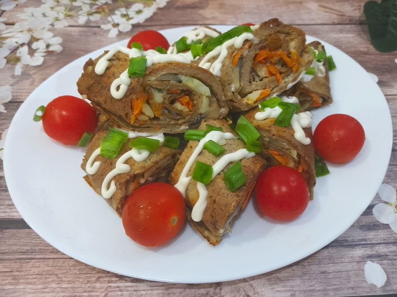 Блины из печени с грибной начинкой, вкусные и сытные
