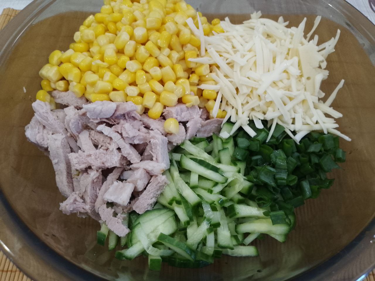 Салат вкусный и сытный из мяса, огурцов и яичных блинов: Соединяем мясо, сыр, огурцы, кукурузу, яичные блины и зеленый лук, соль по вкусу, перемешиваем.