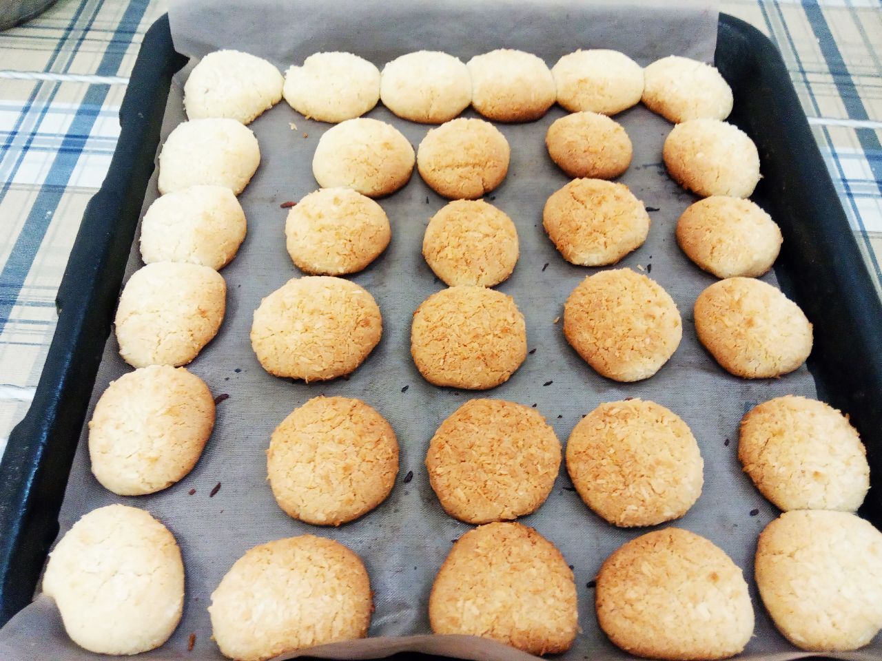 Печенье песочное со сливочным вкусом и в кокосовой стружке: Духовку разогреваем до 180 С и ставим противень с печеньем. Выпекаем печенье до светло желтого цвета примерно